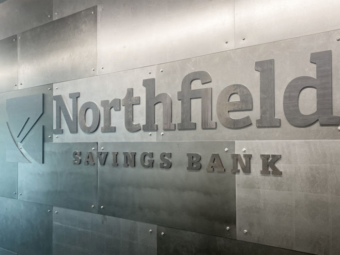 Northfield Savings Bank Metal Feature Wall with Raised Metal Logo
